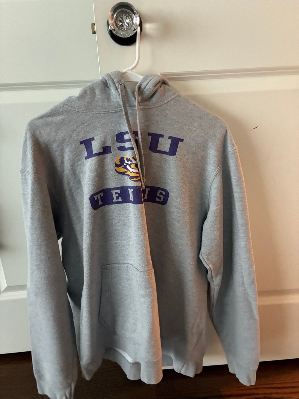 Port and Company Gray LSU Tennis Hoodie with Purple & Gold Logo